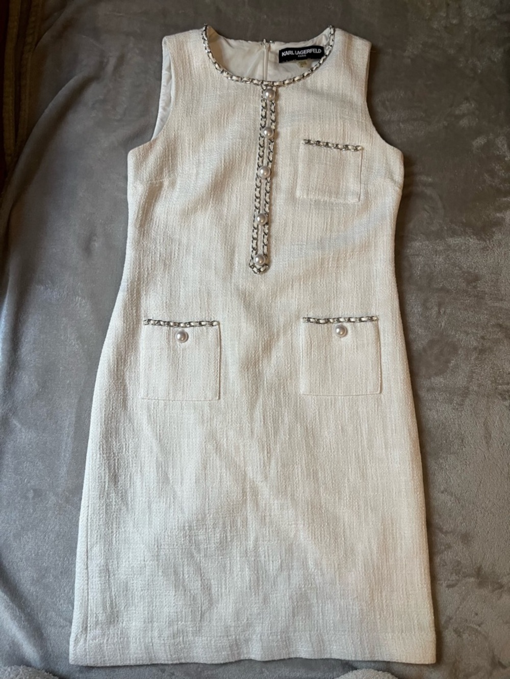 Karl Lagerfeld Cream Sleeveless Tweed Mini Dress with Pearl Trim